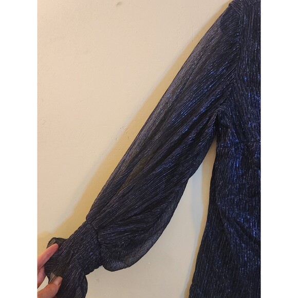 CeCe Small V-Neck Blue Metallic Sheer Lined Long Sleeve Top Whimsigoth, Holiday - Picture 3 of 6